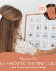 child with magnetic routine cards