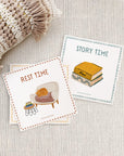 hand illustrated autism visual aid cards showing rest time and story time