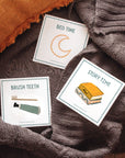 toddler bedtime routine cards with pictures of bedtime, brush teeth and story time