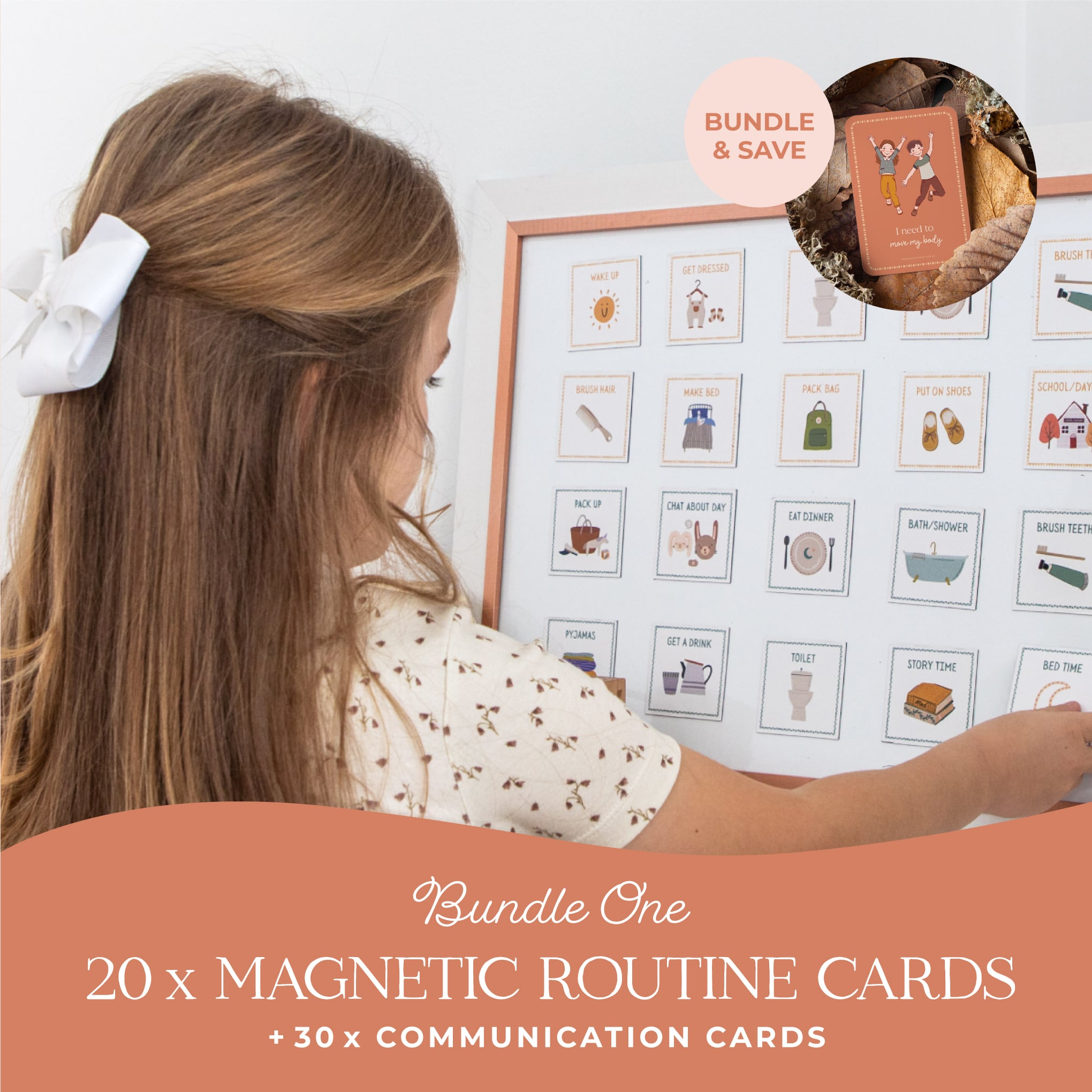 child with magnetic routine cards
