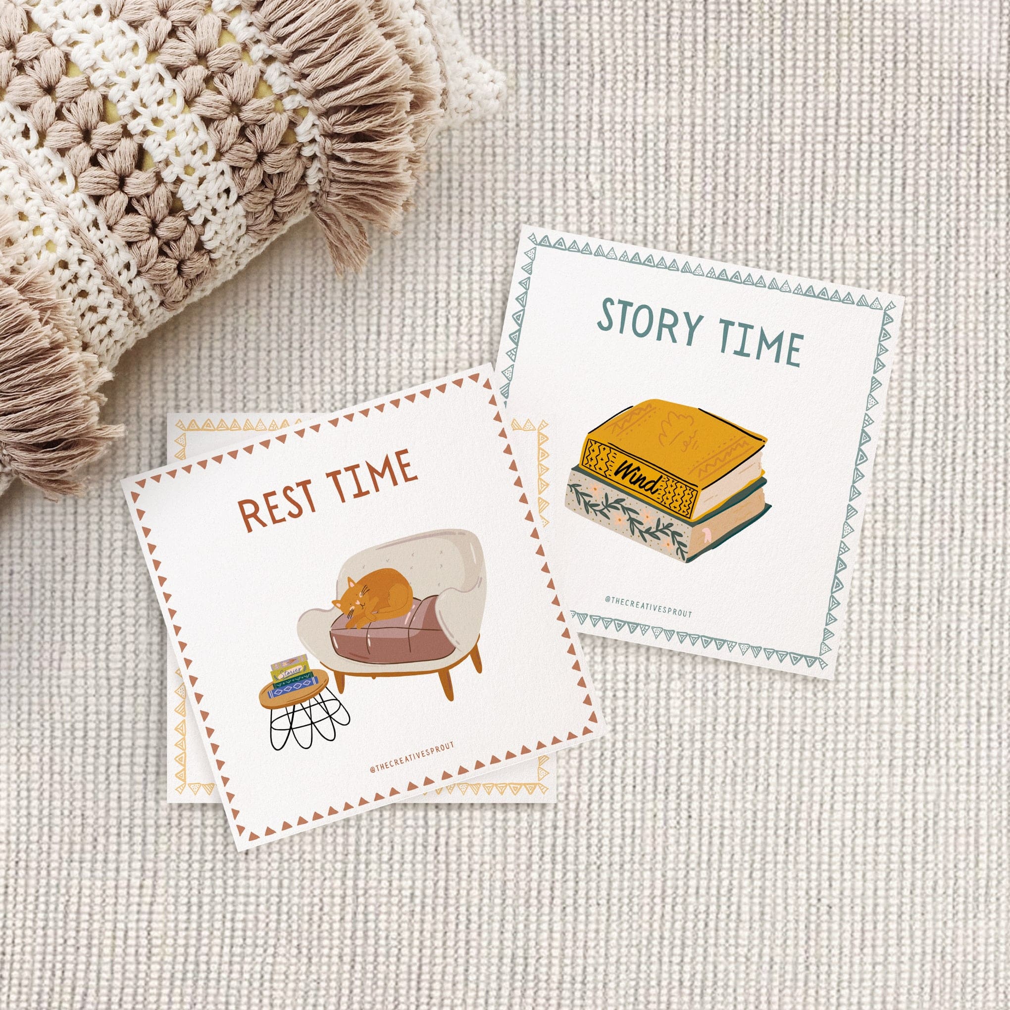 hand illustrated autism visual aid cards showing rest time and story time