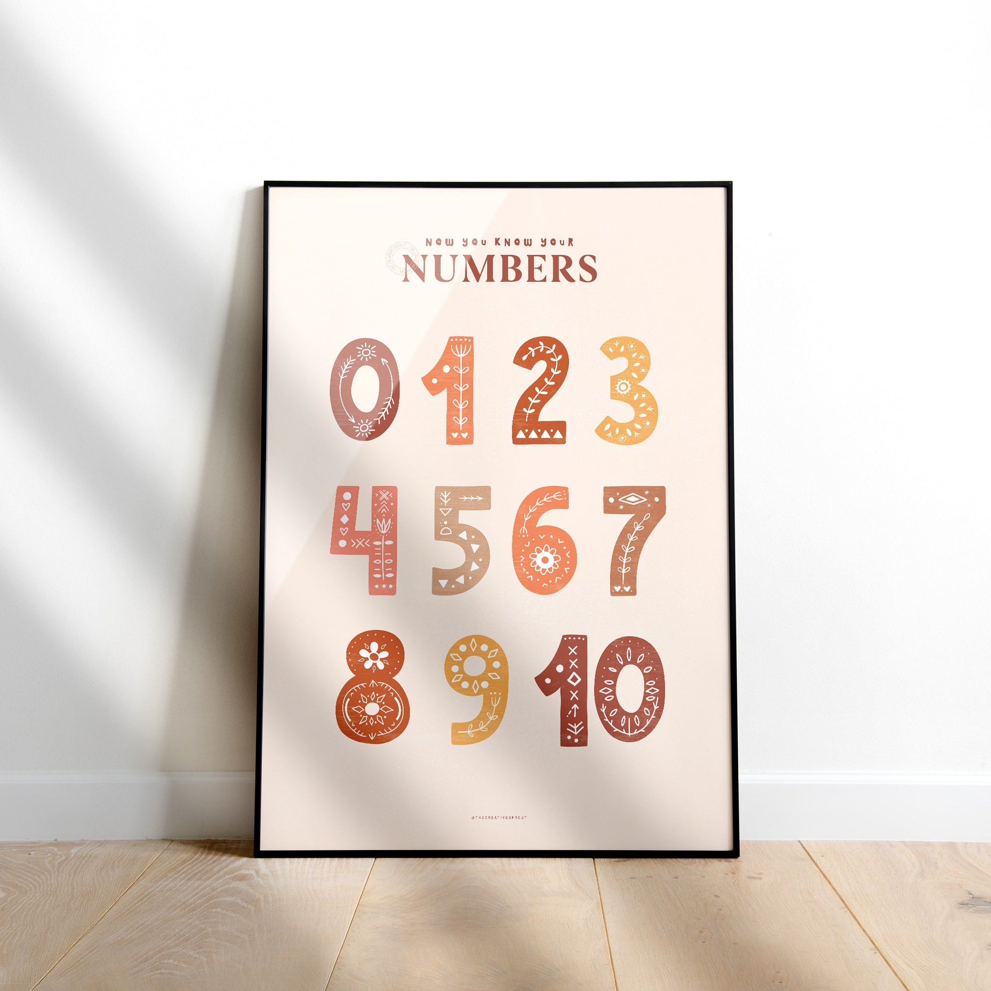 framed numbers poster for kids showing numbers 0-10 in boho style