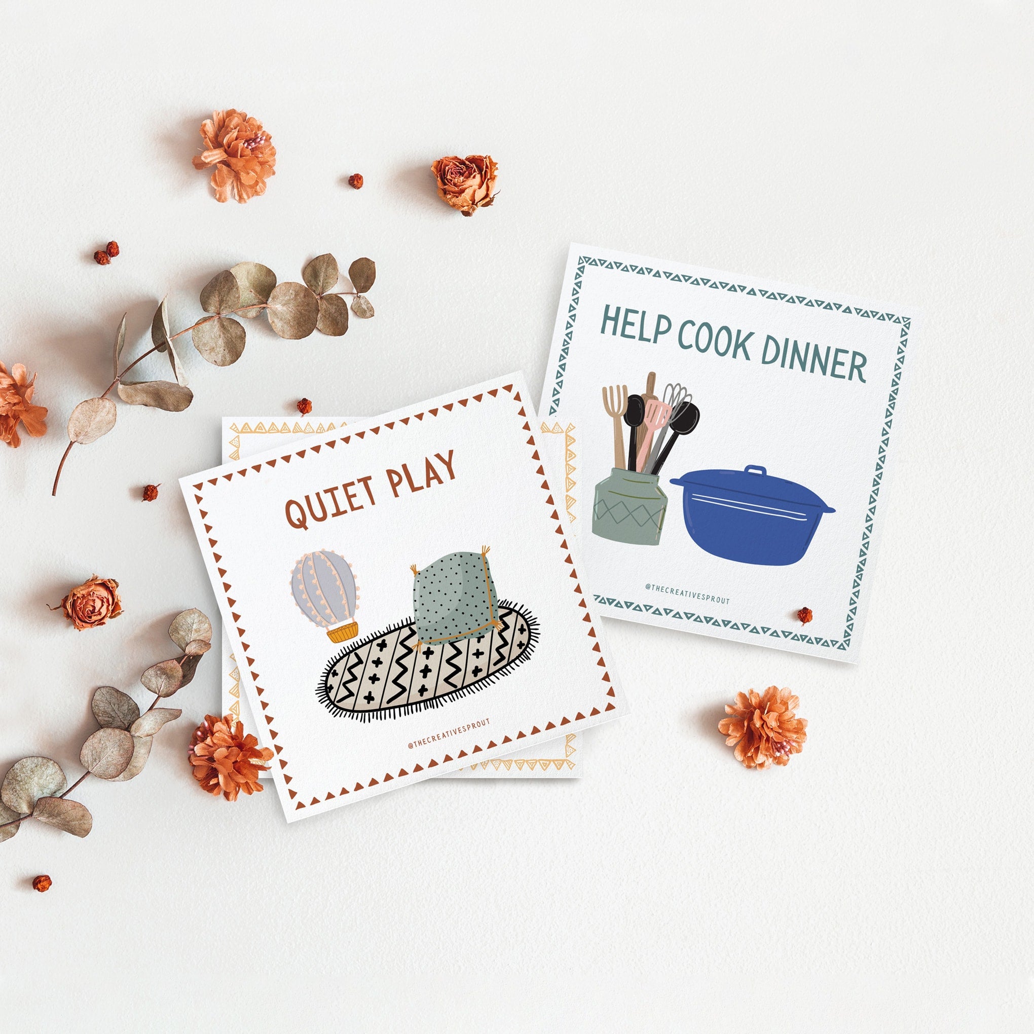 montessori toys - toddler routine chart cards showing quiet play and help cook dinner cards with flowers in background