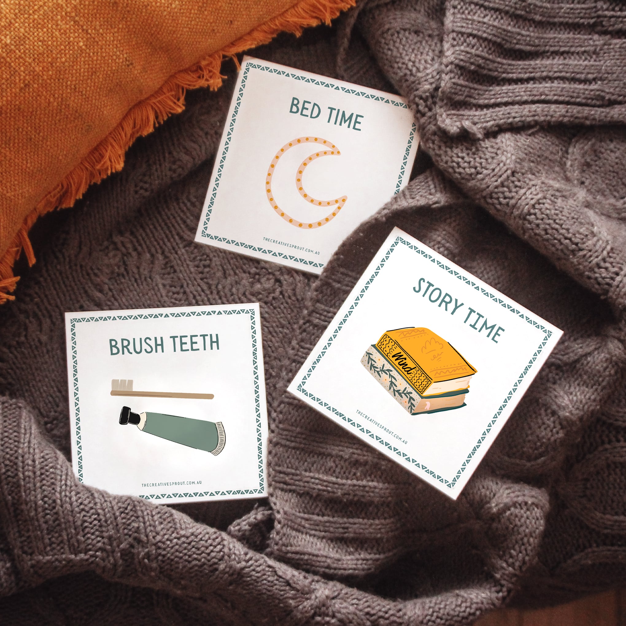 toddler bedtime routine cards with pictures of bedtime, brush teeth and story time