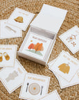 montessori routine cards on boho rug with white box with magnetic close lid