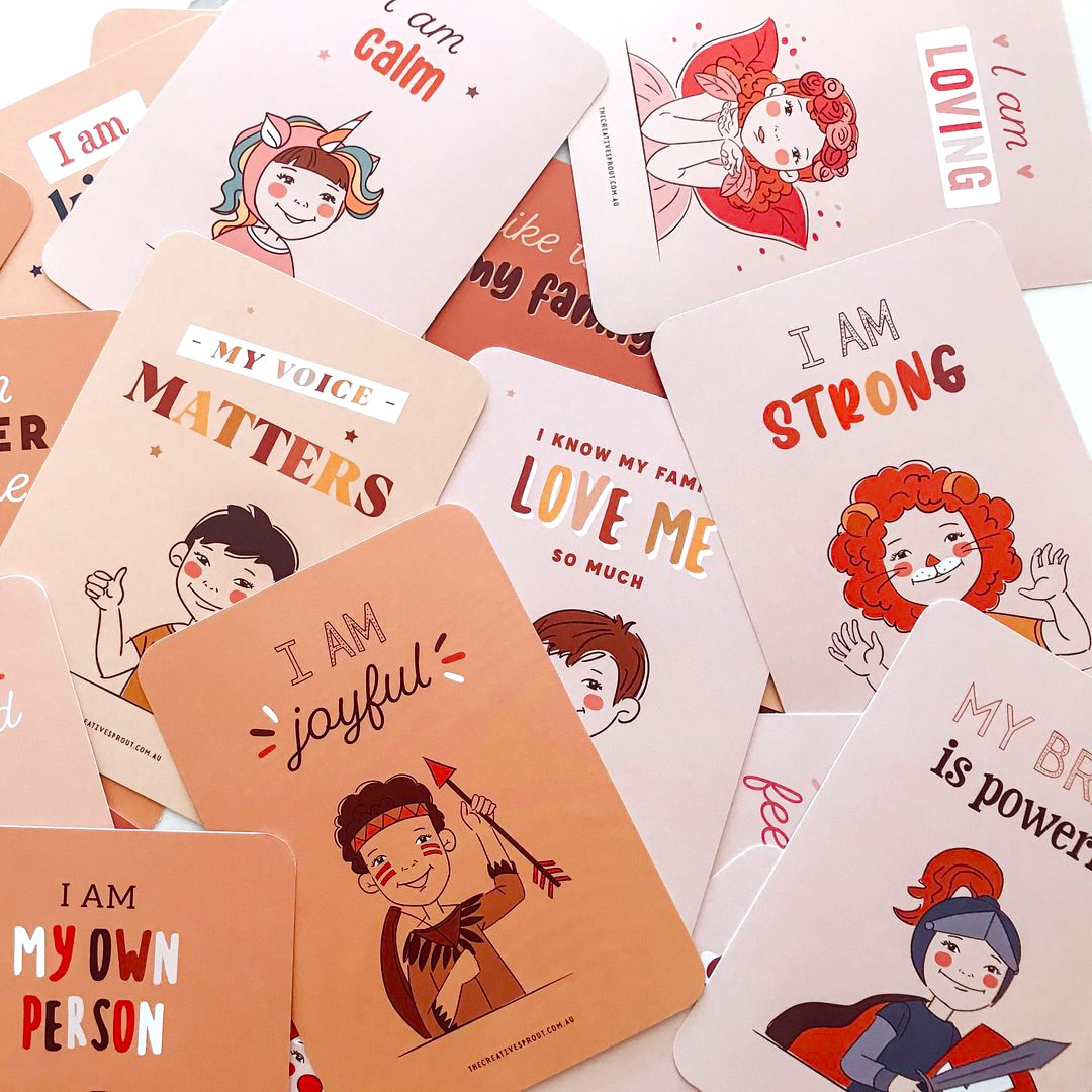 stack of positive affirmation cards for children with illustrations and positive quotes
